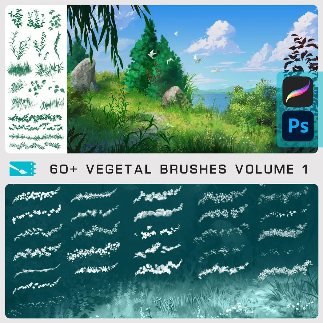 Procreate Flower Brushes (60+ Vegetal & Grass Stamps) - Procreate brush pack