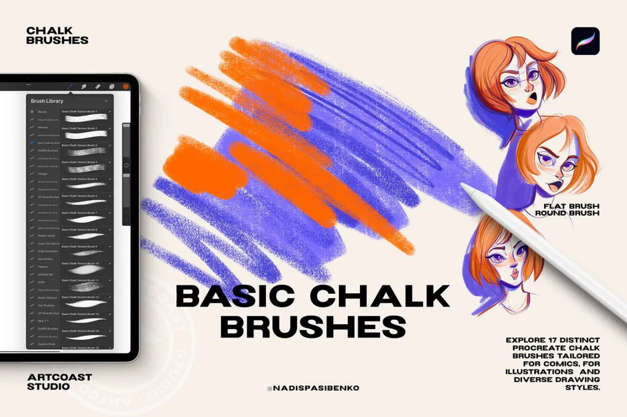 Basic Chalk Brushes for Procreate - free Procreate brush pack