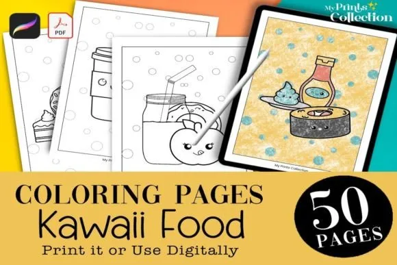 50 Kawaii Food Coloring Pages - free Procreate brush pack