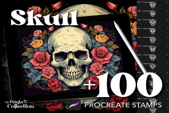 100 Skull Stamps for Procreate - free Procreate brush pack