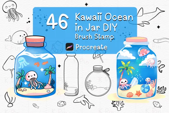 Kawaii Ocean in Jar Procreate Brush - free Procreate brush pack