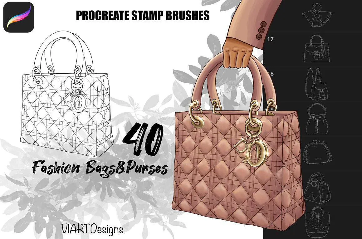 40 Fashion Bags Purses Stamp Brushes for Procreate - free Procreate brush pack