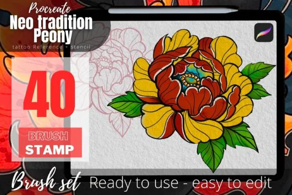 40 Peony Tattoo Stencil Brush Procreate - free Procreate brush pack