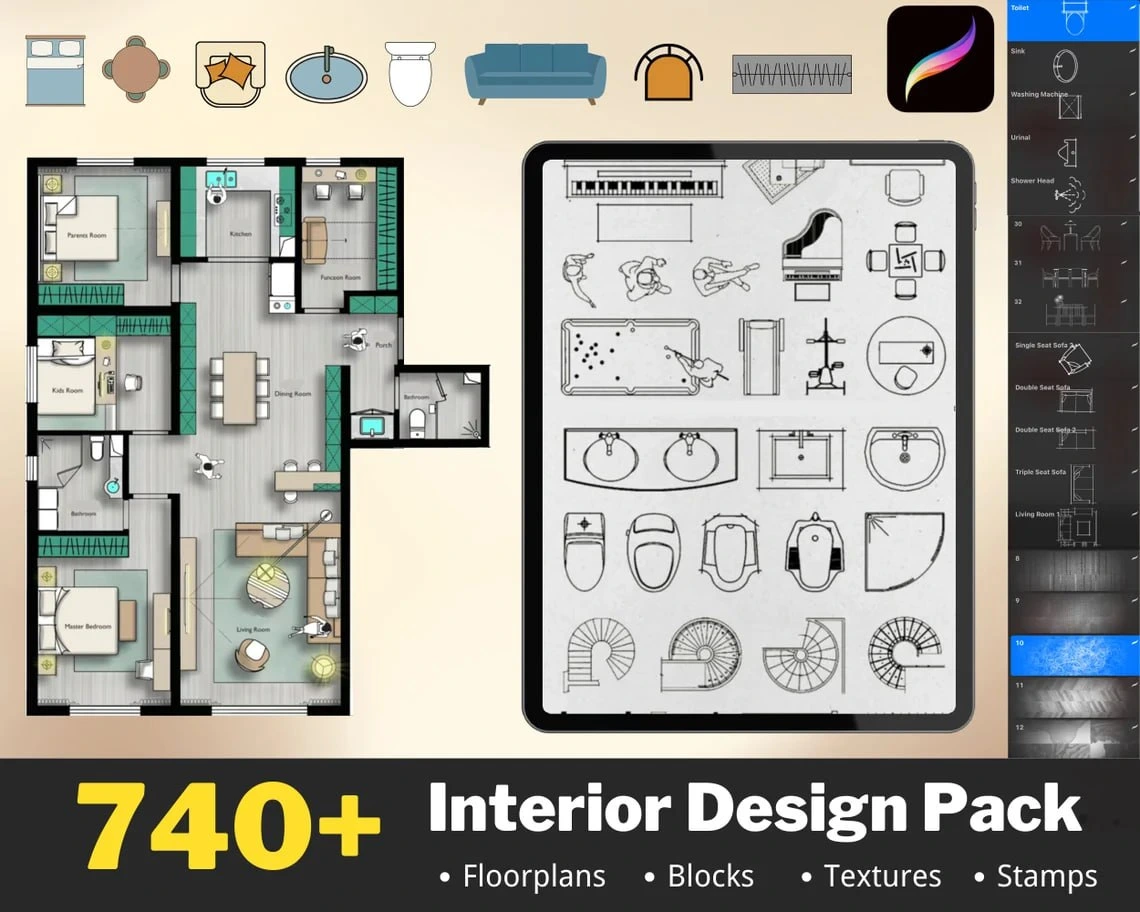 740+Interior Design Stamps For Procreate - free Procreate brush pack